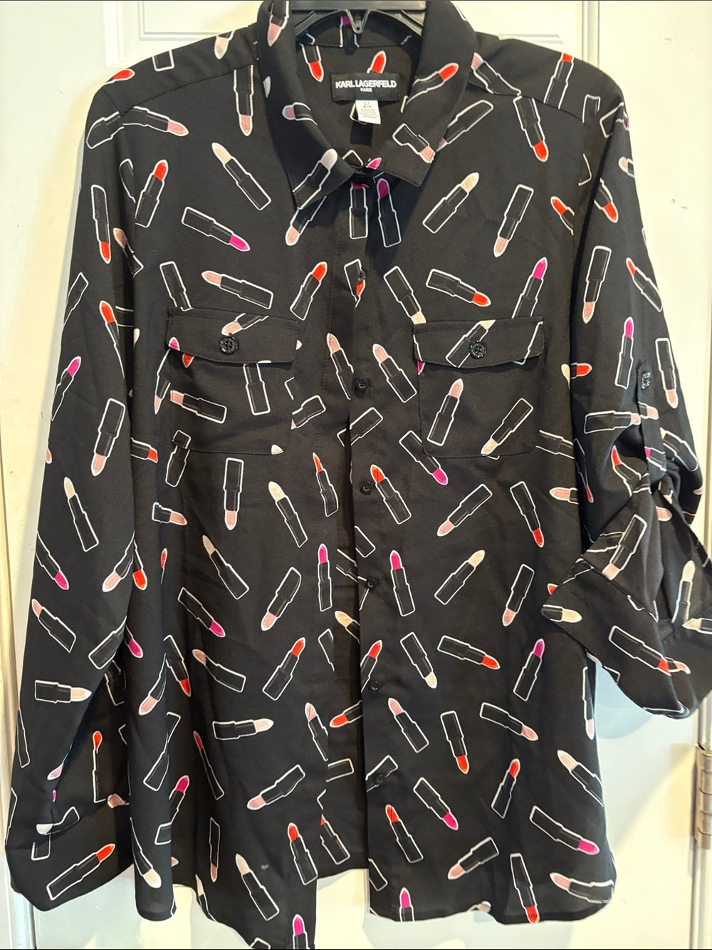 Karl Lagerfeld Black Lipstick Whimsical Blouse. Size L